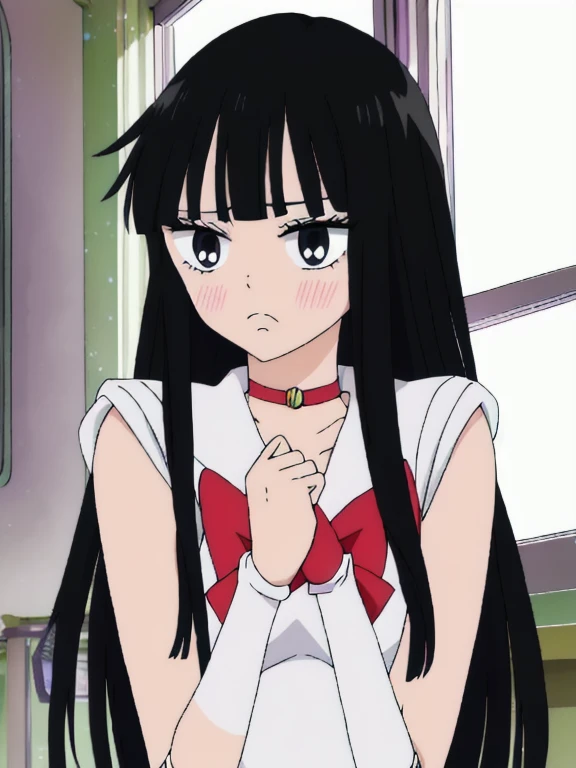 Sailor Senshi Uniform , ((best quality)),((highly detailed)),masterpiece,absurdres,detailed face,beautiful face,((detailed eyes, deep eyes)),(1girl),((dynamic pose)),chibi sawako, 1girl, black hair, solo, long hair,  blush, bangs, blunt bangs,, black eyes, ,  hime cut, chibi, frown, , upper body, indoors, closed mouth, , window, red Senshi Uniform,  clenched hands, 