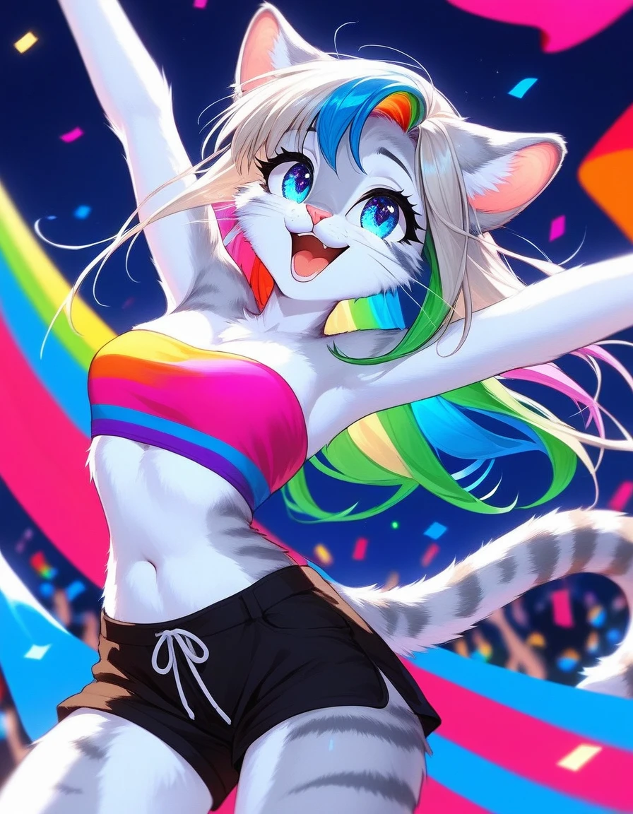 score_9,score_8_up,score_7_up, source_cartoon, source_furry, Kat, a cute Anthro furry feline girl, tall body, hourglass figure, adult female, blue eyes, :3, silver fur, long blonde hair, rainbow highlights in hair, white whiskers, pink nose, wearing rainbow bandeau, white short shorts, dancing, looking amazed, eyes sparkling, at a colorful parade, rainbow parade, outdoors, looking up, laughing, in a bright vibrant city
