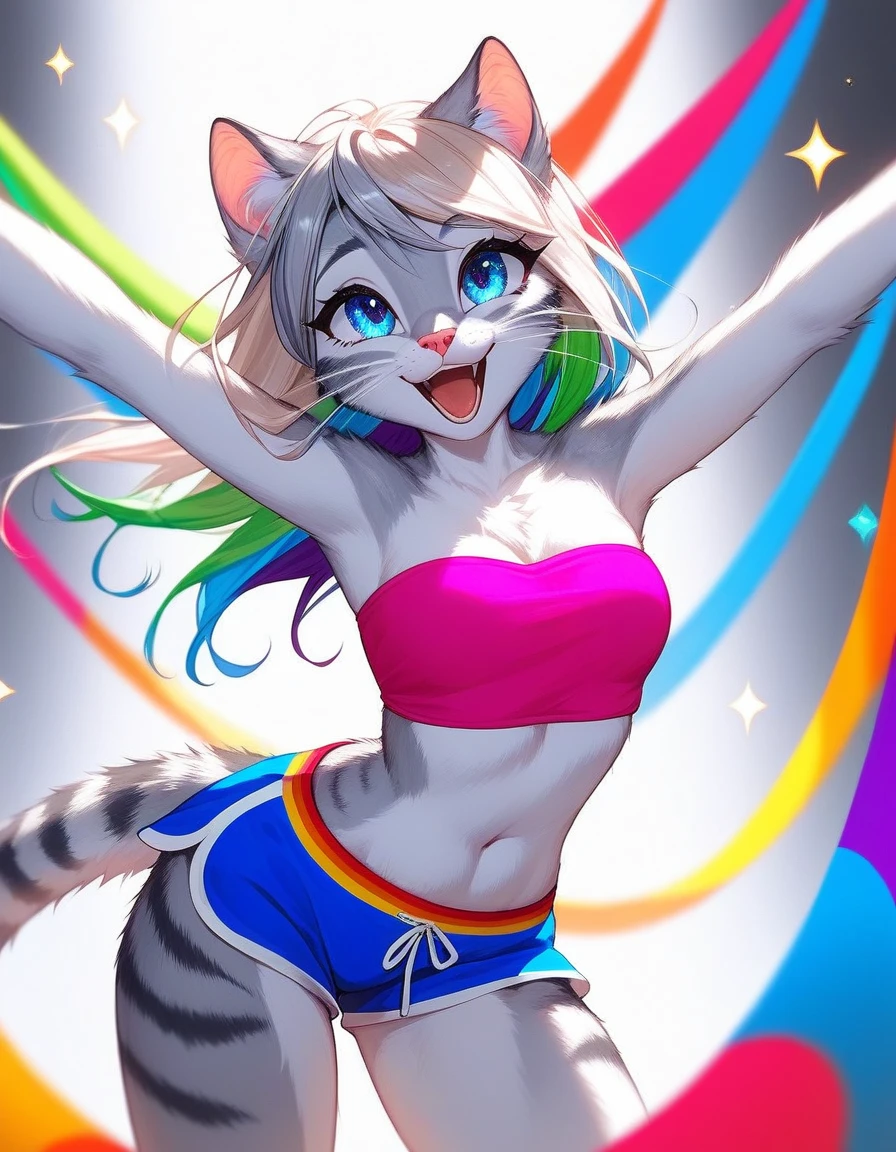 score_9,score_8_up,score_7_up, source_cartoon, source_furry, Kat, a cute Anthro furry feline girl, tall body, hourglass figure, adult female, blue eyes, :3, silver fur, long blonde hair, rainbow highlights in hair, white whiskers, pink nose, wearing rainbow bandeau, white short shorts, dancing, looking amazed, eyes sparkling, at a colorful parade, rainbow parade, outdoors, looking up, laughing, in a bright vibrant city