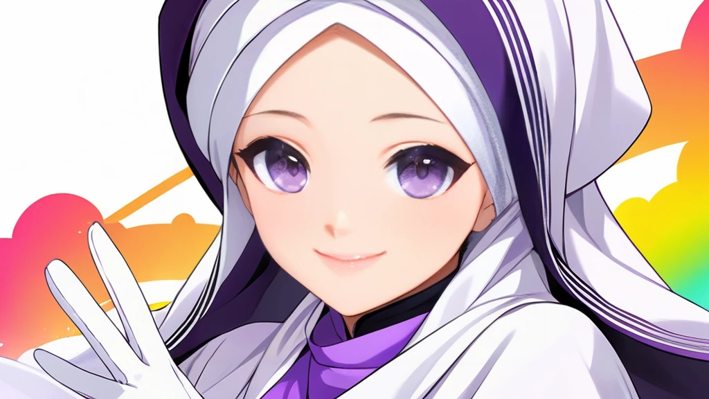 High-resolution anime digital art, Masterpiece, Mature, Humble, Kind, Smart, pupil purple eyes, wearing white hijab, Wearing long purple dress, Women's white fabric gloves, female black shoes, happy face, vivid colours, anime style, white background.