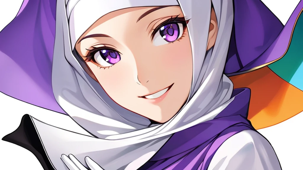 High-resolution anime digital art, Masterpiece, Mature, Humble, Kind, Smart, pupil purple eyes, wearing white hijab, Wearing long purple dress, Women's white fabric gloves, female black shoes, happy face, vivid colours, anime style, white background.