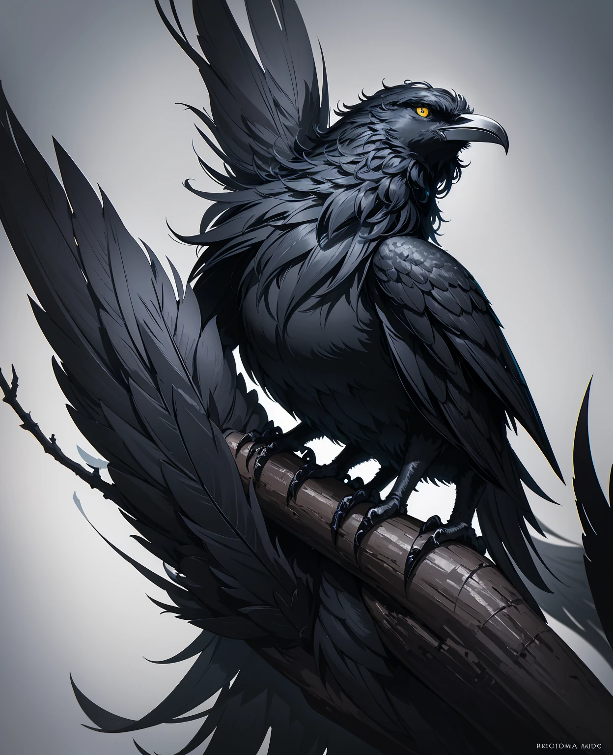 a raven, detailed feathers, striking black plumage, piercing yellow eyes, large sharp beak, perched on a gnarled tree branch, dark moody atmosphere, dramatic lighting, gothic style, cinematic, award-winning digital art, octane render, highly detailed, 8k, photorealistic