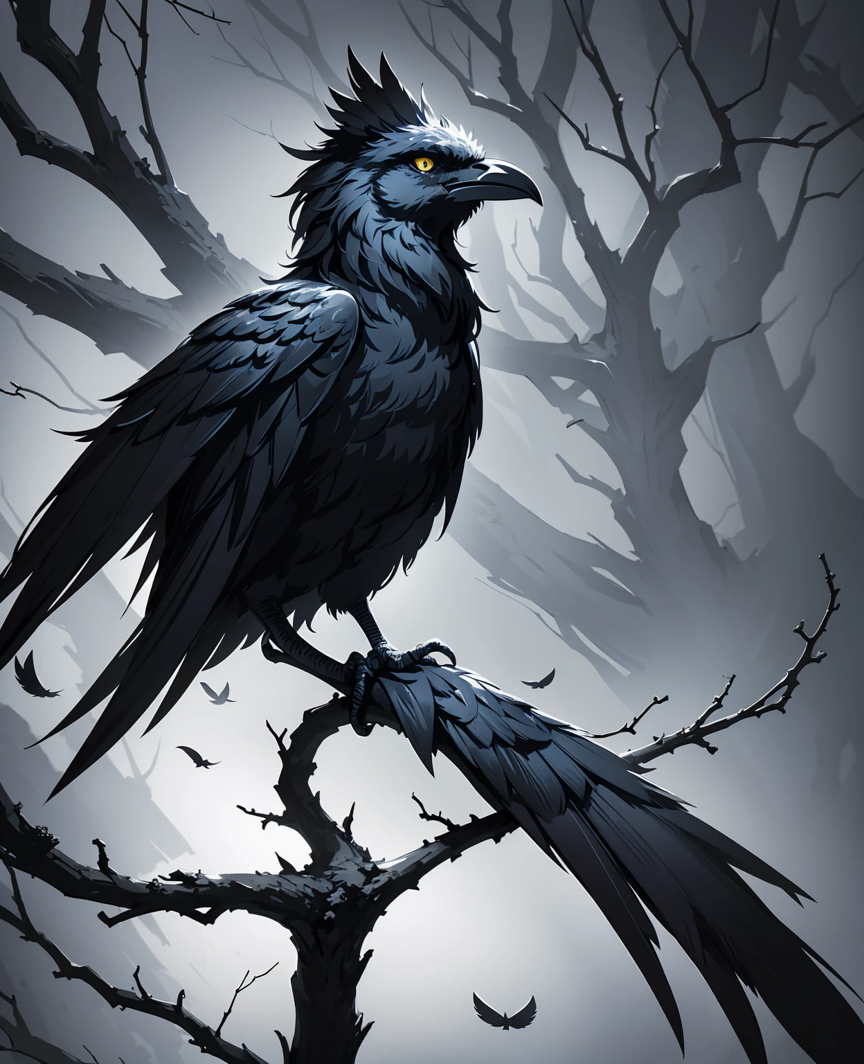 a raven, detailed feathers, striking black plumage, piercing yellow eyes, large sharp beak, perched on a gnarled tree branch, dark moody atmosphere, dramatic lighting, gothic style, cinematic, award-winning digital art, octane render, highly detailed, 8k, photorealistic