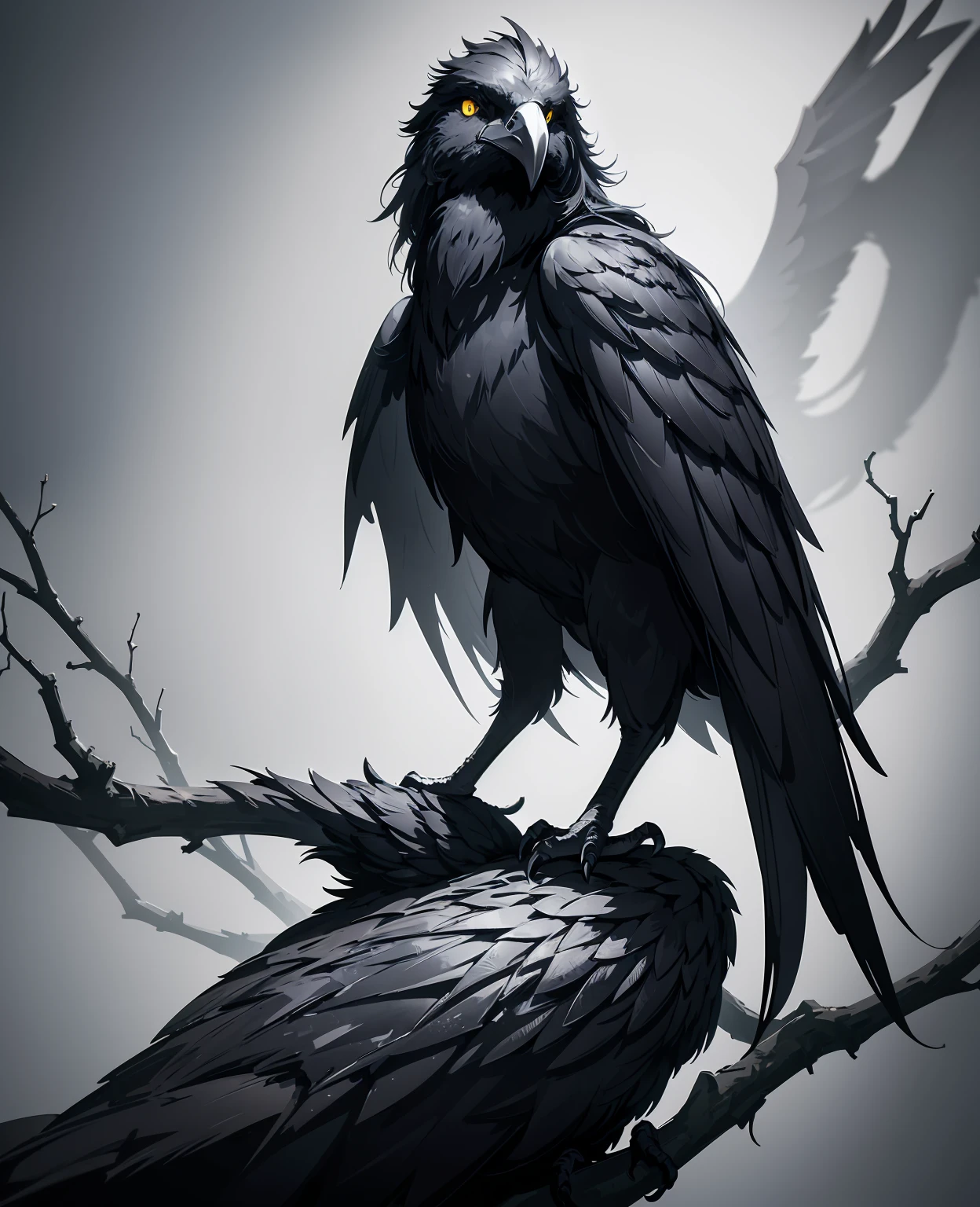 a raven, detailed feathers, striking black plumage, piercing yellow eyes, large sharp beak, perched on a gnarled tree branch, dark moody atmosphere, dramatic lighting, gothic style, cinematic, award-winning digital art, octane render, highly detailed, 8k, photorealistic