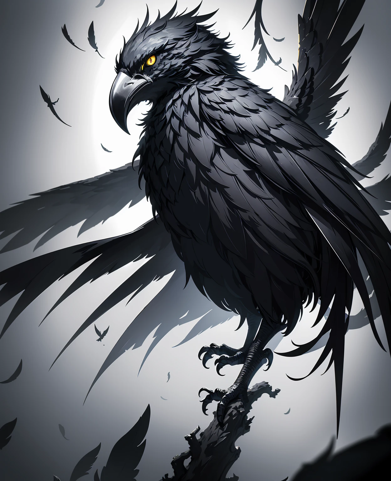 a raven, detailed feathers, striking black plumage, piercing yellow eyes, large sharp beak, perched on a gnarled tree branch, dark moody atmosphere, dramatic lighting, gothic style, cinematic, award-winning digital art, octane render, highly detailed, 8k, photorealistic