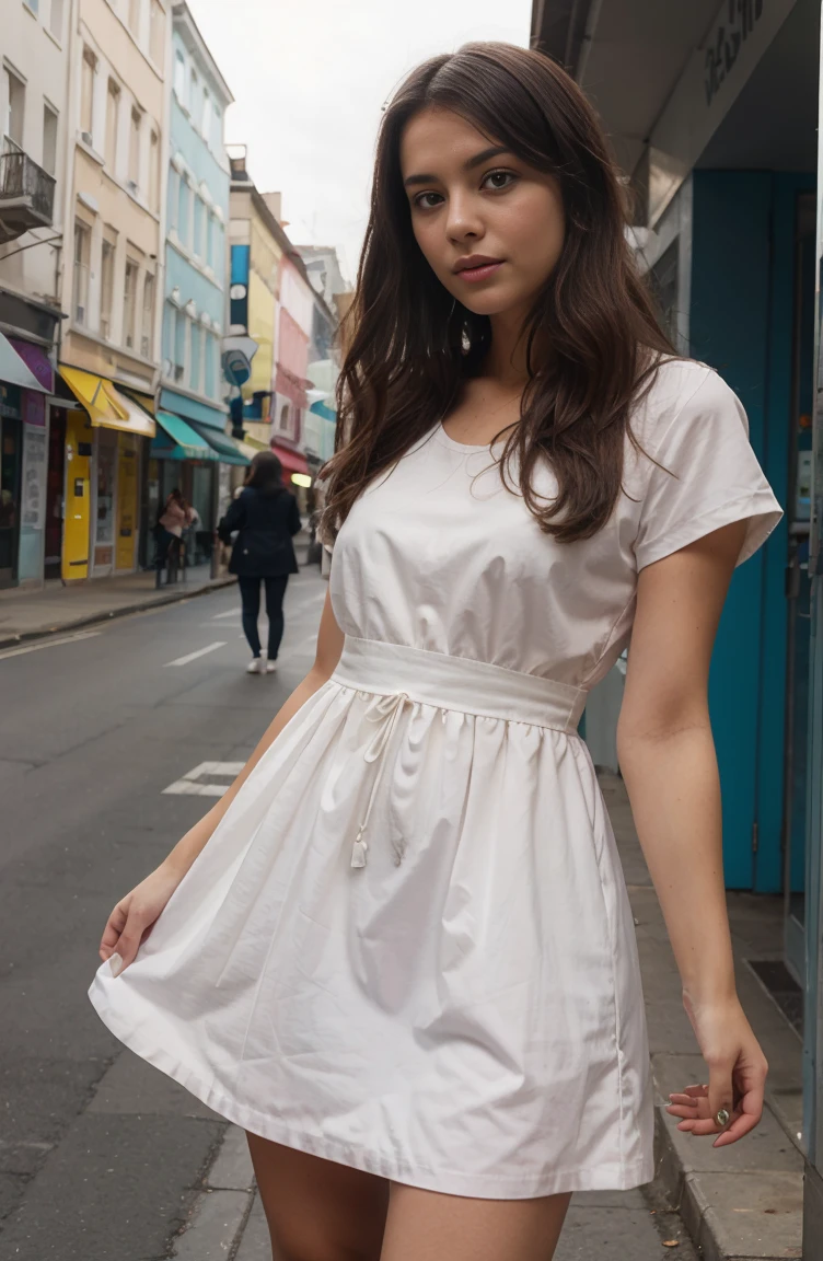 A GIRL WEARING A MULTY COLOUR FROCK