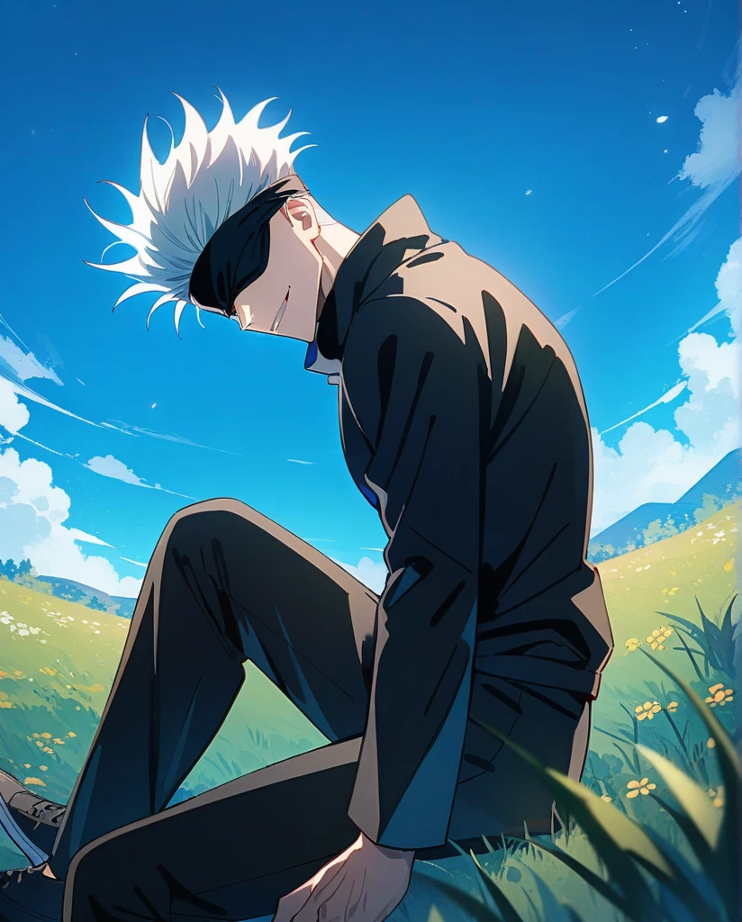 masterpiece, best quality, 1boy, gojou satoru, jujutsu kaisen, white hair, short hair, blindfold, black jacket, black pants ,high collar, long sleeves, shoes, upper body, smile, looking at viewer, solo, blue sky, meadow background , beautiful blue lights in the background, 4k anime