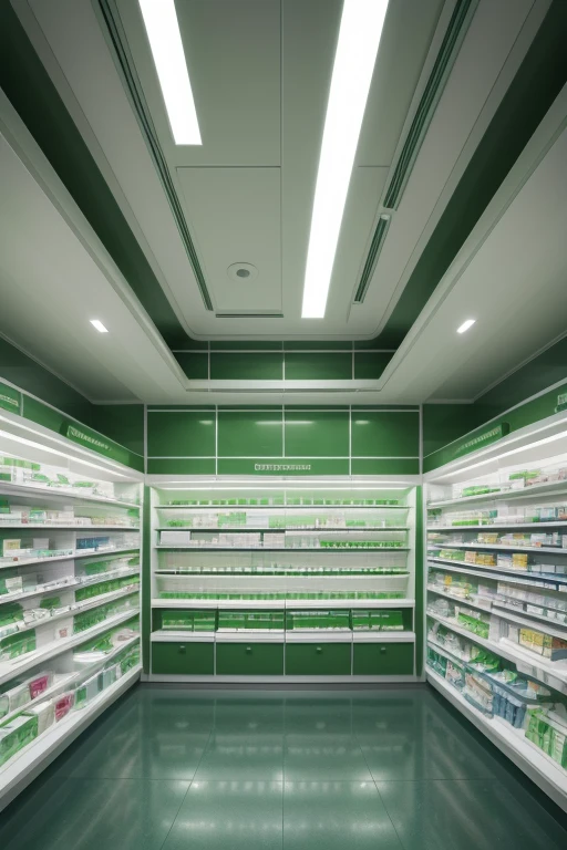 design the internal layout of a compounding pharmacy in green and white