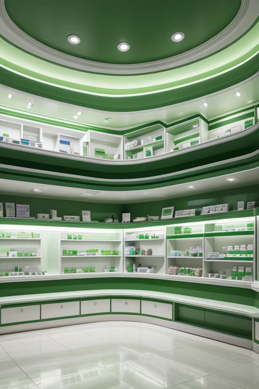 design the internal layout of a compounding pharmacy in green and white