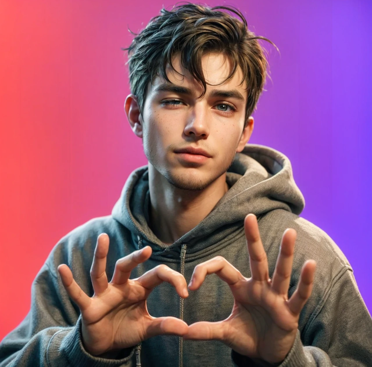 A rebellious teenager named GUS with a unique and striking appearance. He has light brown messy hair with some strands falling over his forehead, and two different colored eyes, one vibrant yellow and the other electric blue, both with an intense and hypnotic glow. He has a slight smirk on his face, full of sarcasm and confidence, with a scruffy beard giving a deliberately unkempt look. His eyebrows are thick, well-defined, and slightly arched, accentuating his ironic expression. His skin is fair with some light freckles around his nose and cheeks. He has a defined chin and slightly prominent cheekbones. He wears a casual and laid-back dark blue hoodie with yellow details, not wearing the hood up, and big visible headphones on his head. His overall style is cyberpunk with subtle technological elements like lines and circuits on his face, giving a futuristic touch. The background is urban, with neon lights and a gritty cityscape. GUS has a playful and mischievous expression, ready to make a sarcastic comment.
