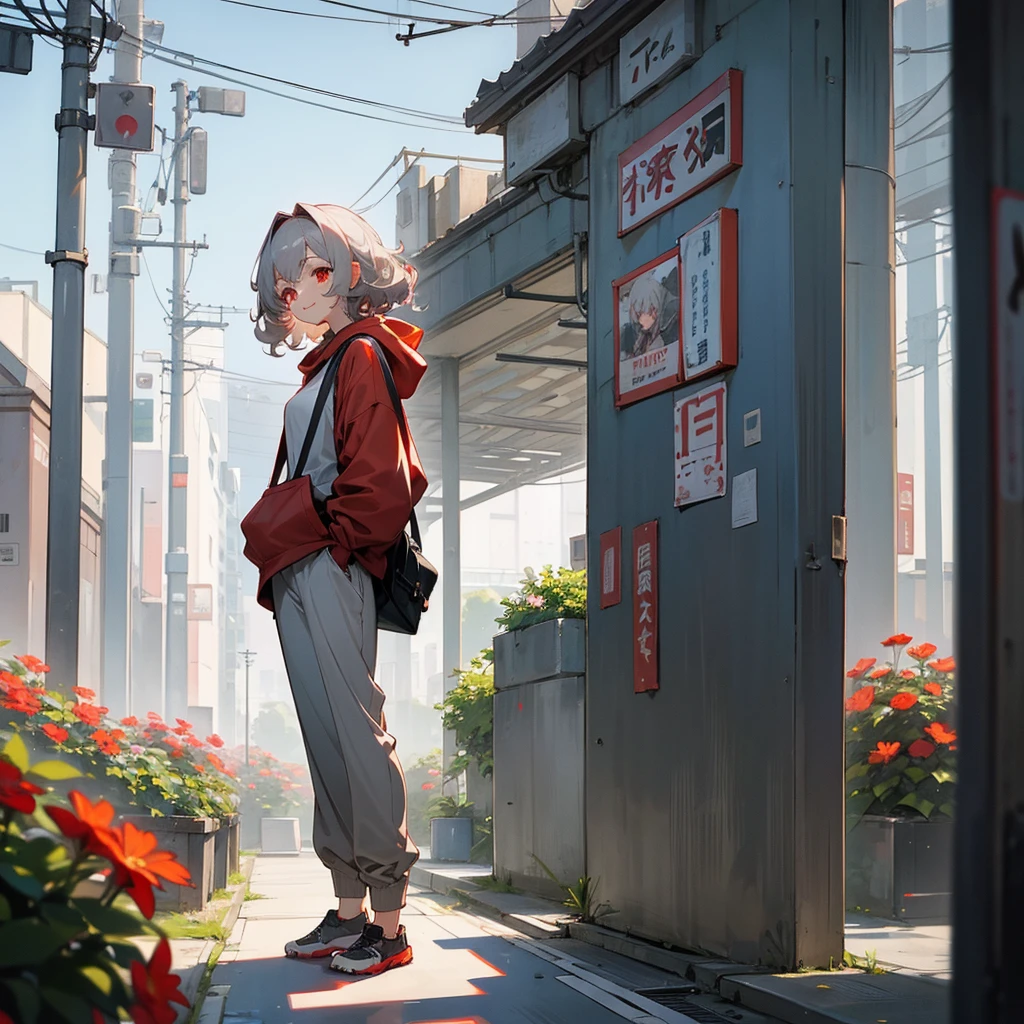 1female, adult, sexy, finely detailed red eyes, curly medium hair, grey hair color, oversized hoodie, baggy pants, standing on building, day time, tokyo streets, calm expression, smile, flowers