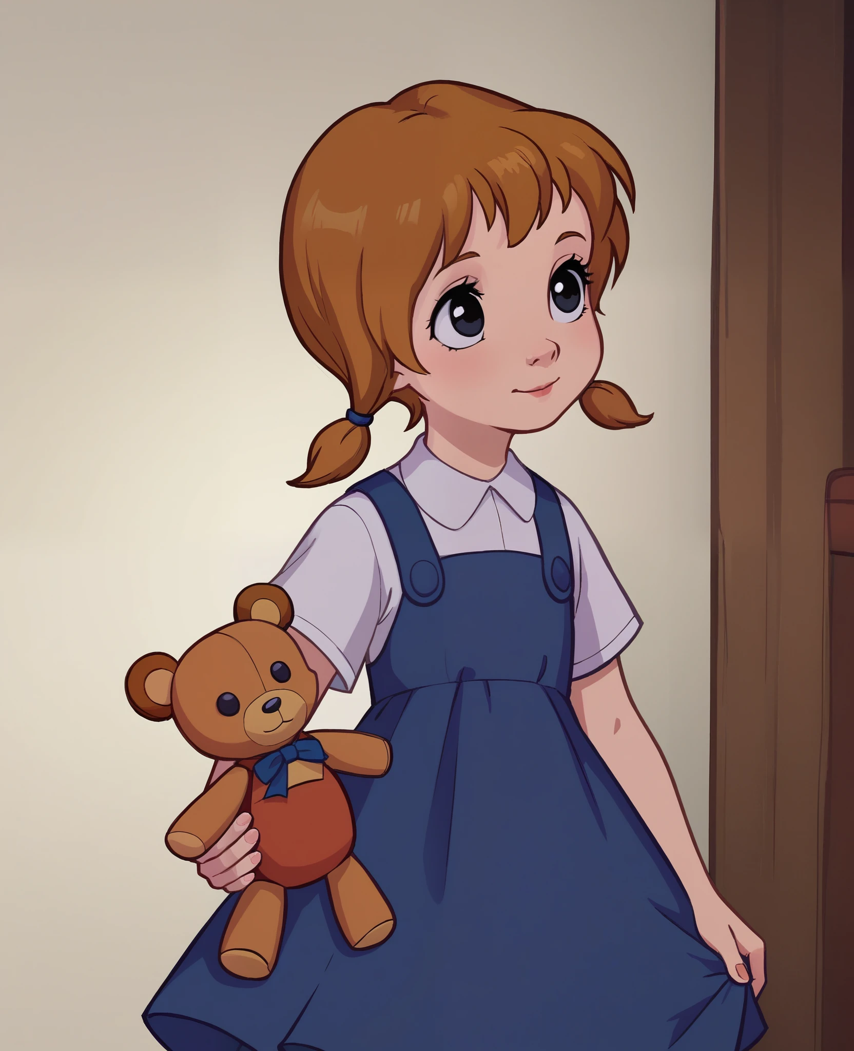 score_8, score_9, penny, brown hair, twintails, dress, black eyes, teddy bear, standing,