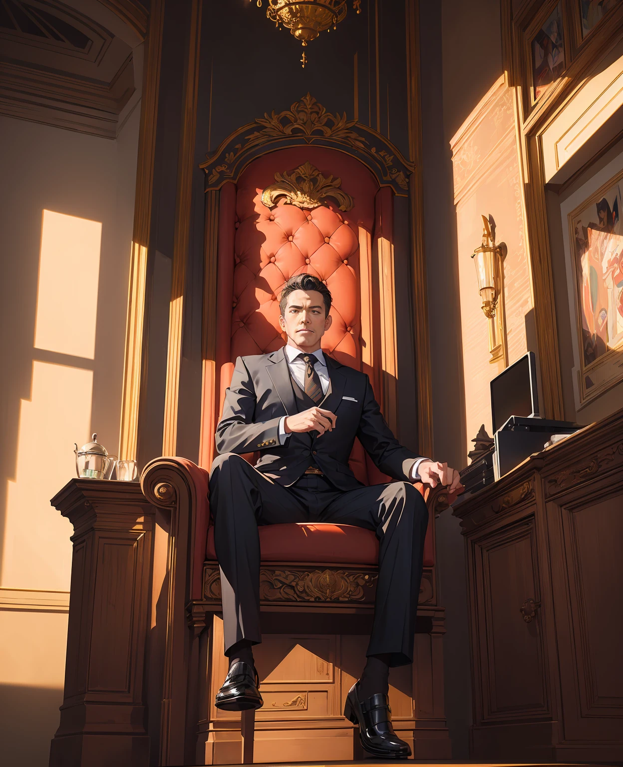 a man ceo in a modern office, sitting in an imposing throne, confident and authoritative pose, highly detailed, photorealistic, 8k, studio lighting, sharp focus, vivid colors, digital painting