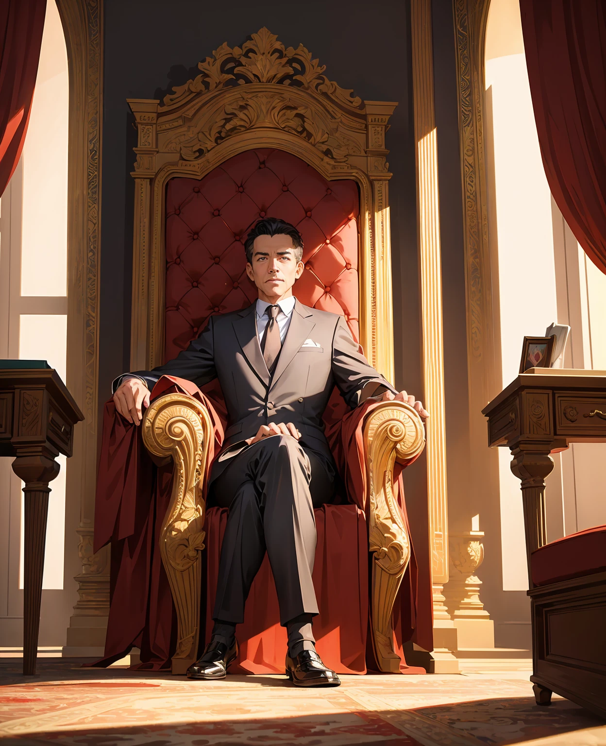 a man ceo in a modern office, sitting in an imposing throne, confident and authoritative pose, highly detailed, photorealistic, 8k, studio lighting, sharp focus, vivid colors, digital painting