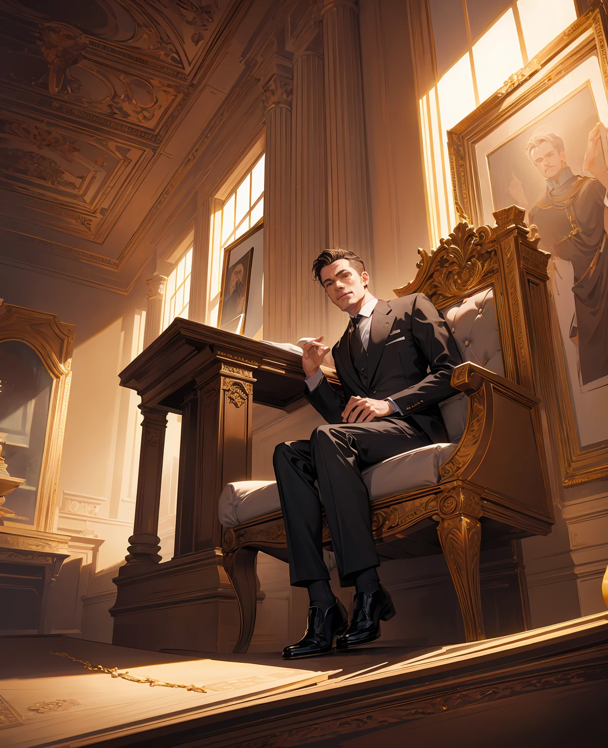 a man ceo in a modern office, sitting in an imposing throne, confident and authoritative pose, highly detailed, photorealistic, 8k, studio lighting, sharp focus, vivid colors, digital painting