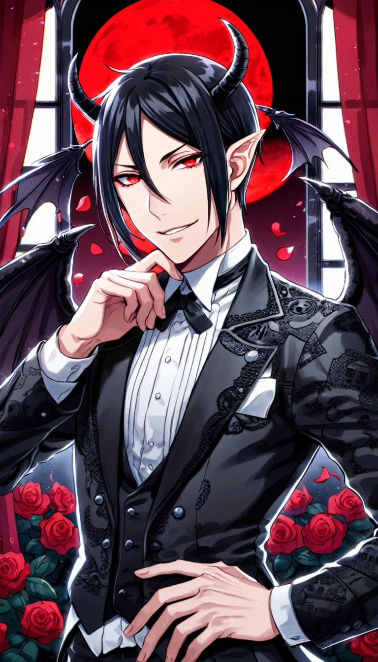 Ultra detailed, Highres, absurdres, HDR, Sebastian Michaelis, black hair, expressive red eyes, black coat with patterns, Kuroshitsuji, white shirt, fantasy, red curtains, petals, handsome, sexy man, solo, very detailed eyes and face, master piece, black pants, mansion, window, red moon, Black Butler, black demon horns, black demon wings, magical, red roses, black feathers, smirking, toned chest,