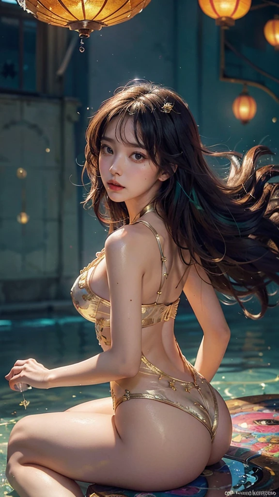 layla (masterpiece), (best quality), (ultra detailed),(disheveled hair),(illustration), (1girl), beautifuldetailedeyes,delicate beautiful face,Floating,(high saturation),(colorful splashes),colorful bubble,(shining),focus on face, sitting inside a glass ball, g;ass cage, golden stars and lanterns