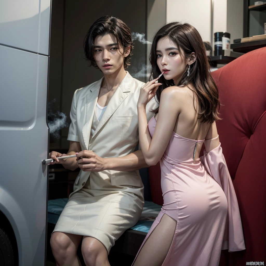 Un chico coreano de piel clara delgado con pelo de librito color castallo vestido de traje fumando un cigarro