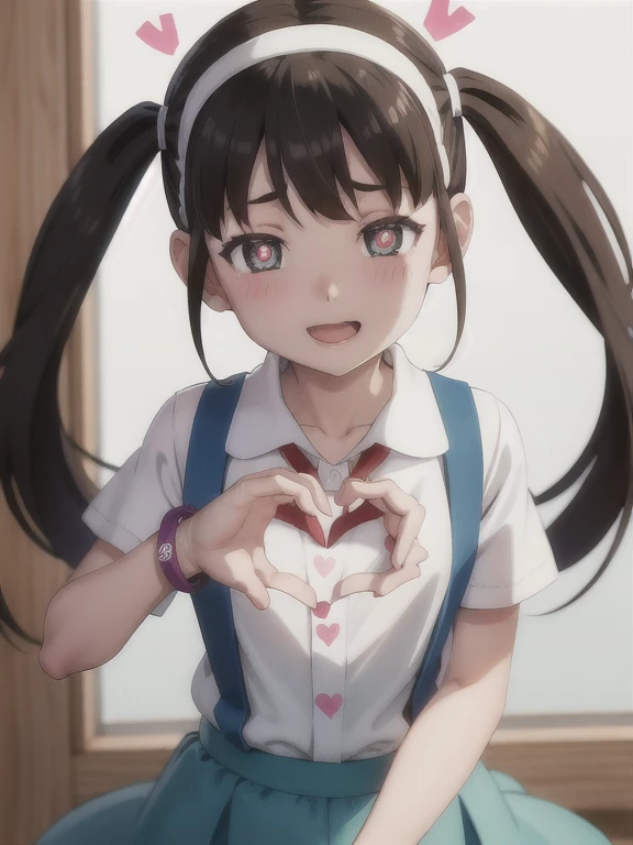 highres,1girl, looking at viewer, hachikuji01, long hair, brown hair, flat chest, twintails, white hairband, skirt, shirt, green bracelet,  , white shirt, short sleeves, blue skirt, suspenders, suspender skirt, indoors, full-face blush, (heart-shaped pupils:1.4), excited, open mouth, close-up, happy