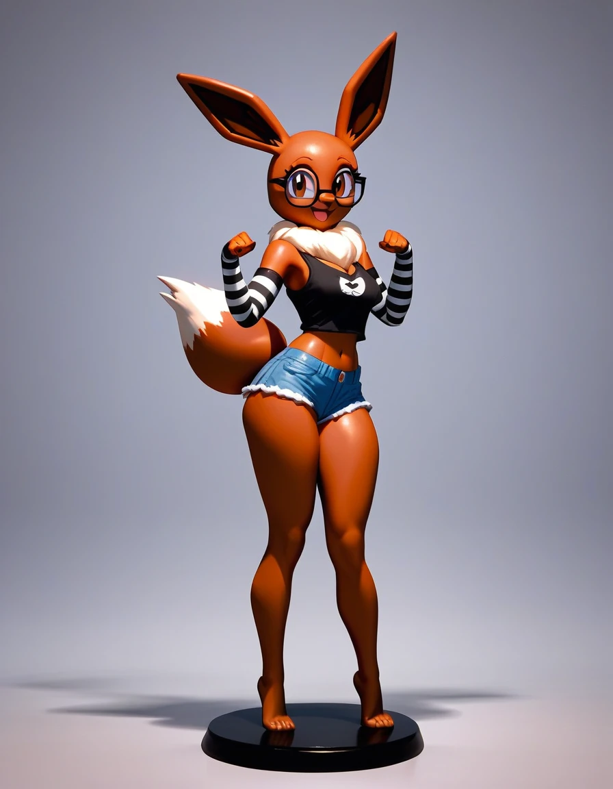 Solo, score_9,score_8_up,score_7_up, an Anthro furry female eevee pokemon, brown eyes, bald, tall slender body, figure body, wearing black tank top, nerdy glasses, black arm warmers, jean shorts, black thigh highs with exposed toes, 4, bashful pose, big happy smile,