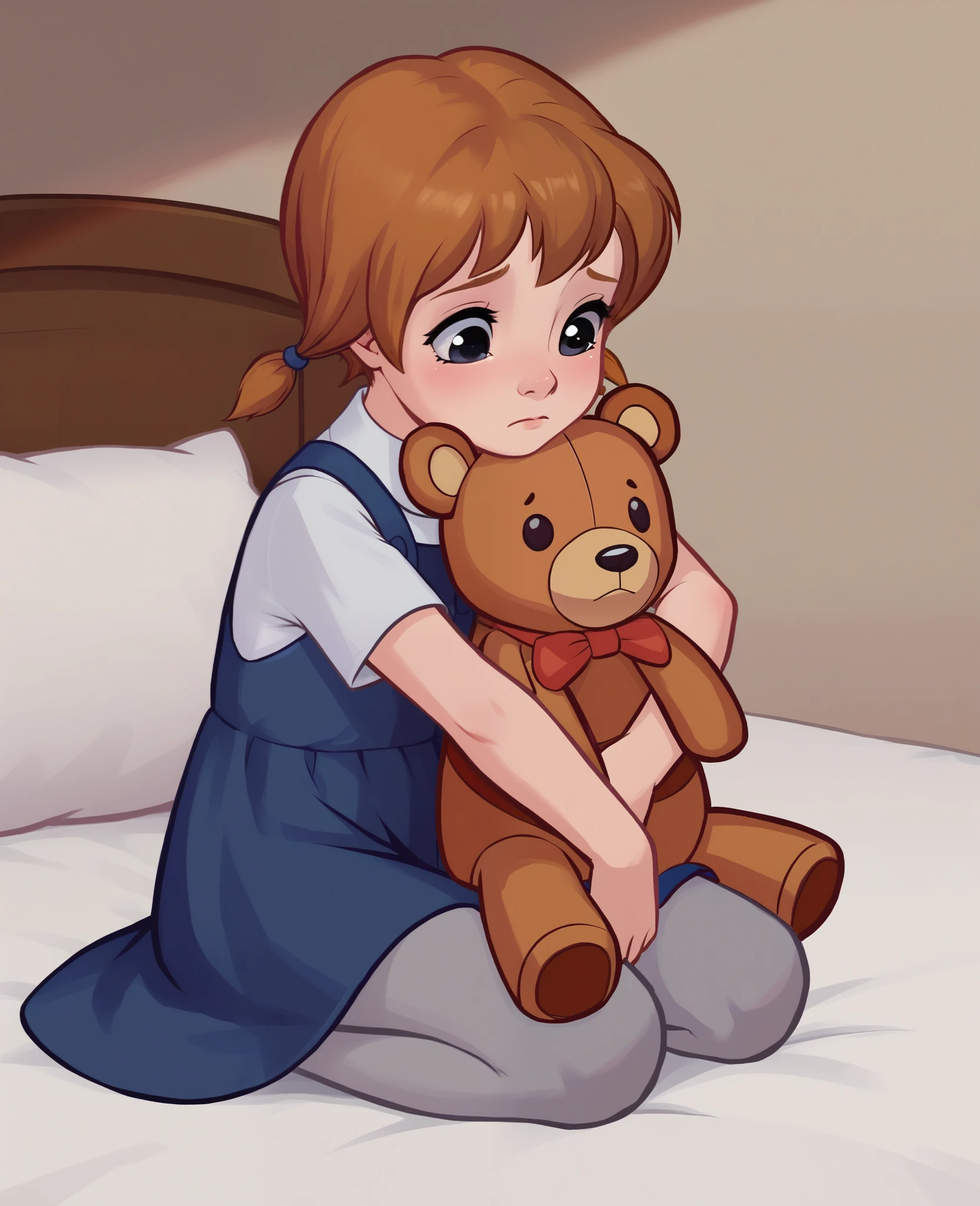 score_8, score_9, penny, brown hair, twintails, dress, black eyes, grey pantyhose, teddy bear, sitting on a bed, hugging legs, sad, cute eyes,