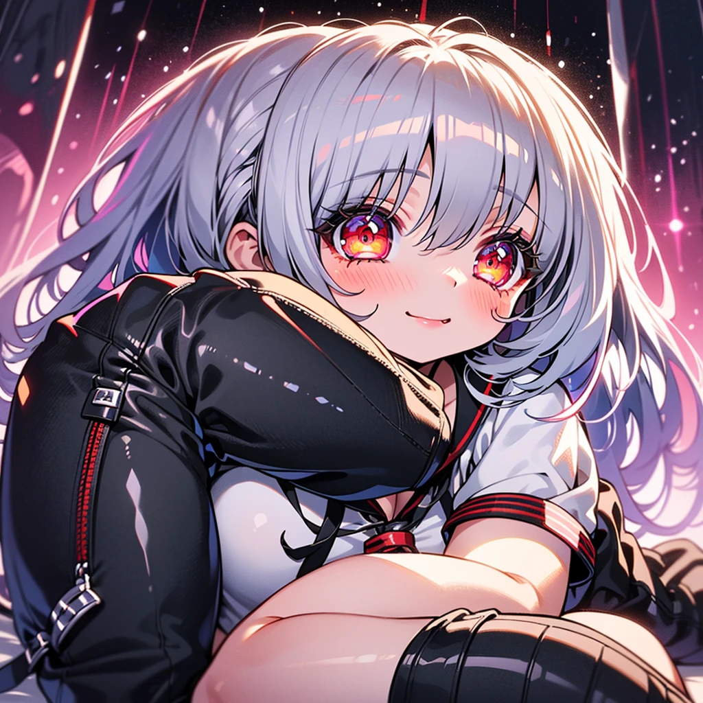 (Strong quality with clear details), one girl,sitting on a desk at school, long black hair, red eyes, beautiful face, perfect and seductive body, plump thighs, black school clothes, red tie, black mid-thigh stockings, short skirt, breasts slightly larger than average Perfect body,cute,Blushing cheeks