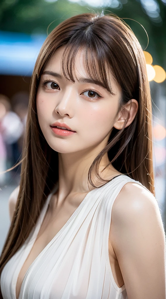1womanl, up of face, mideum breasts, light brown hair, Blunt bangs, hair behind ear, hair over shoulder, Long hair, slender body shape, Ultra Fine Face, Thin face, Delicate lips, Beautiful eyes, thin blush, eyes are light brown, perfect glossy skin, flawless skin, Glistening sweat,View here, Ultra-thin hands, Ultra-fine fingers, best ratio four finger and one thumb, (realisitic:1.3), See-through white blouse. An amusement park, One-person viewpoint, Fuji Film, F/1.2, 8K, masutepiece, nffsw, Super Detail, High quality, Best Quality, hight resolution