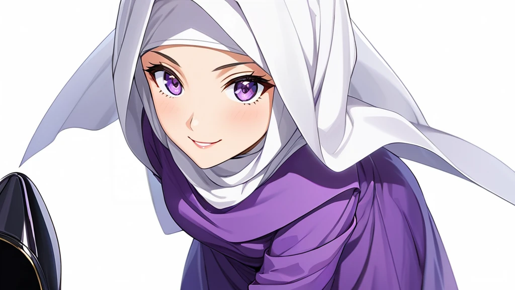 High-resolution anime digital art, Masterpiece, Mature, Humble, Kind, Smart, pupil purple eyes, wearing white hijab, Wearing long purple dress, Women's white fabric gloves, female black shoes, happy face, vivid colours, anime style, white plain background.