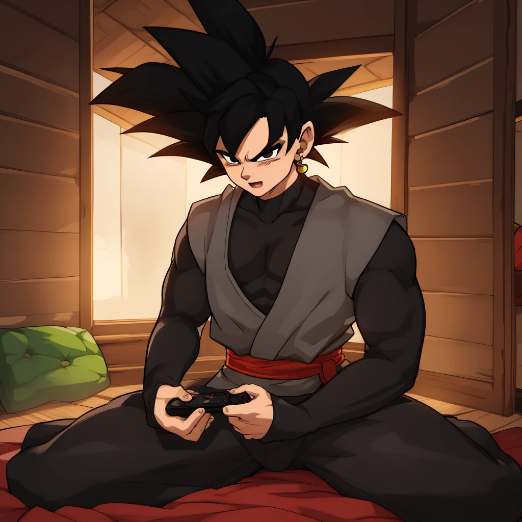 Best_QualityPos, RAW photo, intricate details, best quality, 8k uhd, soft lighting, 1boy, solo, black eyes, black hair, spiked hair, single earring, dougi gamer jugando con mando de play 5