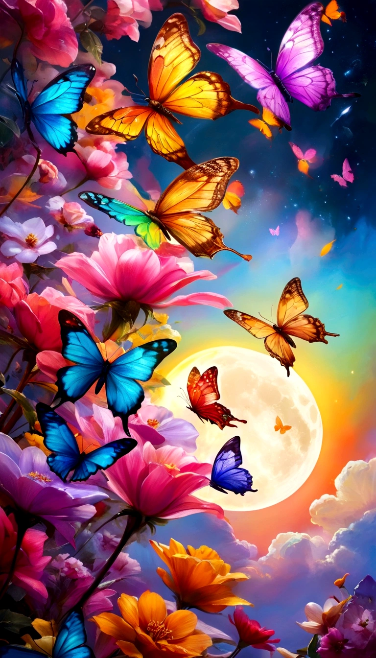 moon light,the arrival of spring, various beautiful flower
, Beautiful Rainbow-colored feathers swallowtail butterfly,angles looking up from below, various jewels falling from the sky, wonderful and beautiful superb view, slightly hazy, fantastic, high resolution, 8K, (best quality, highres, realistic:1.37), shiny metallic flowers, intricate and delicate petals, reflective surfaces, vibrant colors, intricate details, close-up view, surreal garden, surreal beauty, dreamy atmosphere, fine art, abstract botanicals, metallic sculpture, contrasting textures, ethereal glow