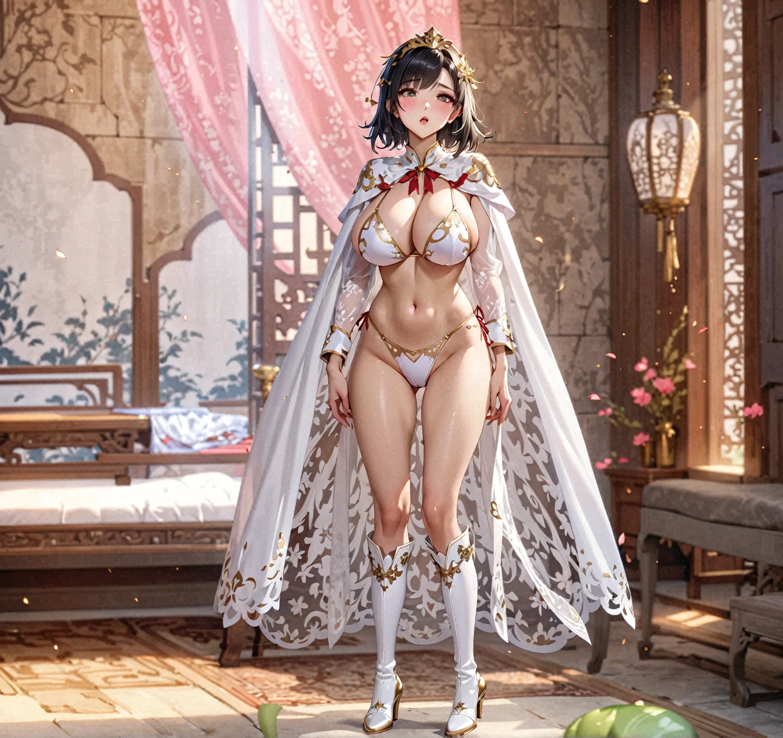 Female magician, extremely short hair, Sexy gold and white bikini, Long-legged girl, Put on your boots, ,full body xianxia, Huge breasts,Looks very slutty, Strong sexual desire,Sexual thirst,fantasy服装, Transparent underwear, Lace underwear, Wearing a long cape, Lace cape,穿着fantasy服装, Real 8000g,Impeccable,masterpiece,Professional artwork,masterpiece,Light,bloom,Perfect face,Pretty Face,fantasy,Wonderful and magical,not real,Intricate details,Beautiful pattern