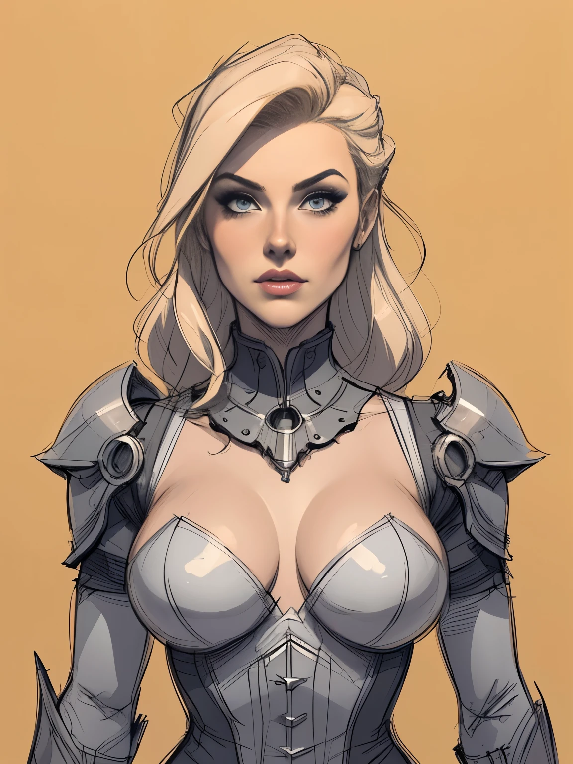 Medium full shot. Illustration sketch.,1 ultra hot gorgeous woman. Age 23.,blonde hair. Orange yellow background. ((Shades of white and grey sketch)) steampunk woman by Adam Hugues