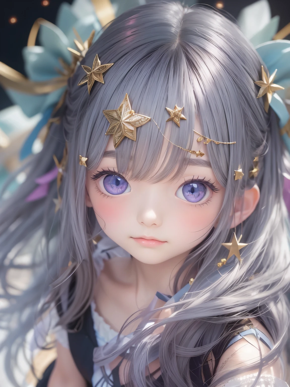Realistic、８age、Real masterpieces, Highest quality, Highly detailed shape,1 Girl,alone, Image body, flower, Looking at the audience、 Purple eyes, Jewel-like eyes, Very beautiful eyes, Highly detailed face,, , star (null), star座, Purple Energy, handrail, 流star、Shiny, straight, long hair down to the waist, Beautiful shiny bangs、16ｋ、photograph、quality、Looking down on a young girl from above、
