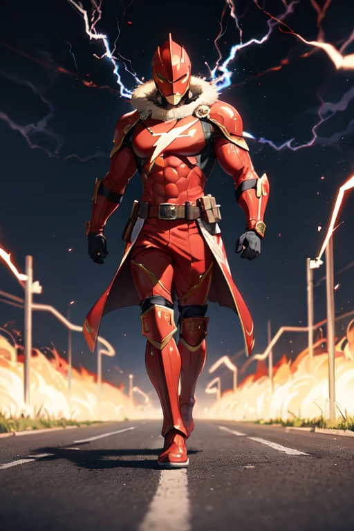 ((mejor calidad)), ((obra maestra)), (detallado), 1 man, full body, 30s, black masks, red helmet that covers his entire head, fire helmet, helmet with a flashlight on his forehead, black collar, tall and muscular, very large, red armor, transparent electricity tubes on his chest, large red gloves, red wristbands, red suit, fist emblem with lightning bolts on his chest, fist, red pants, black knee pads, metallic red boots, superhero belt, lightning bolts in the air, hitting the track, lightning bolts come out, night city background, anime