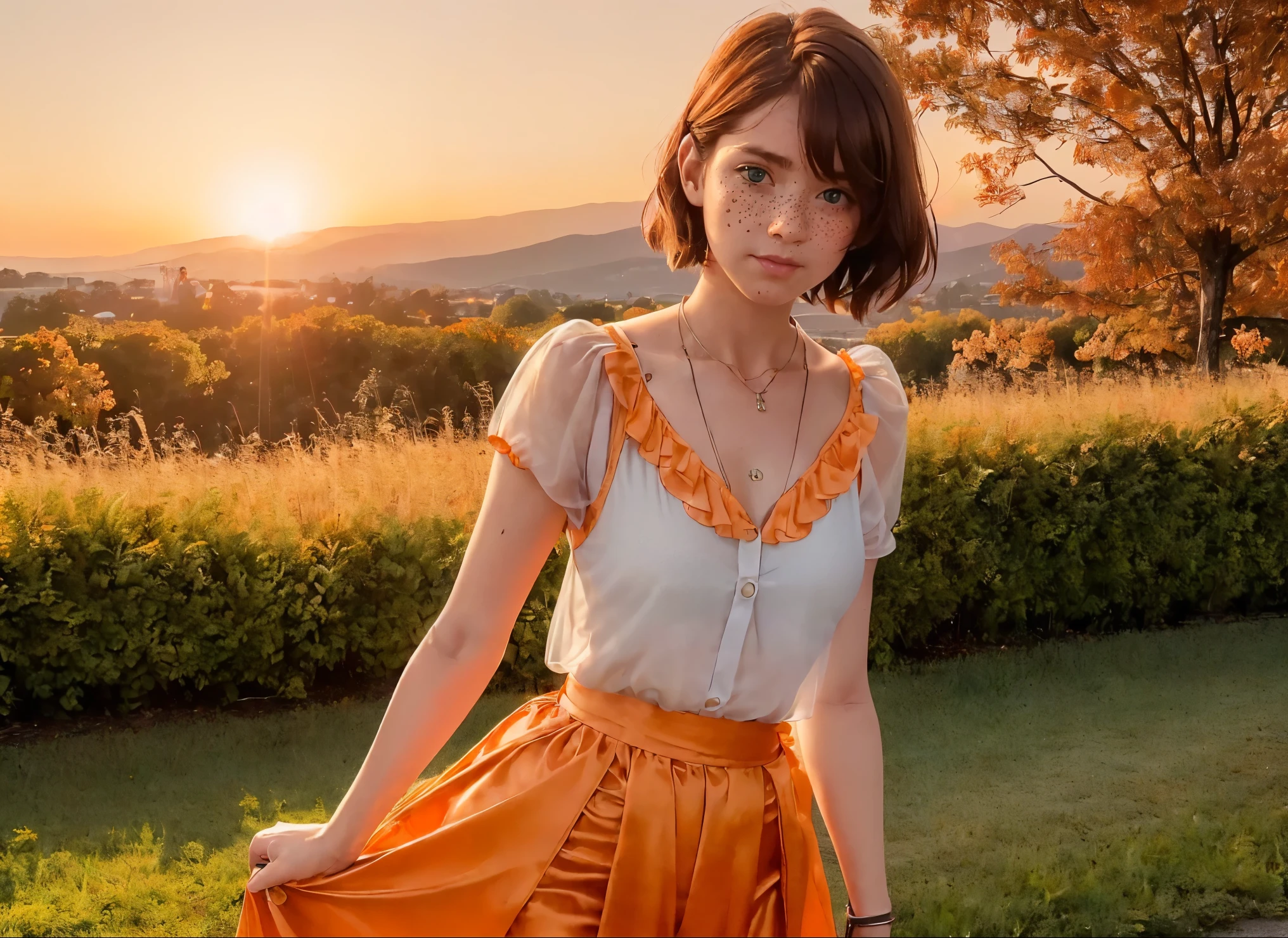 (((realistic))), (A young girl leans against the front of a vintage light orange Porsche.:1.87), Focus Girl, ((See through the white frilly shirt.:1.3), full body, (pink satin maxi skirt:1.3), Nudity, (Sweating)), (Panties flashing:1.2), 25 years old, (beautiful puffy clouds,  sunset sky), (sunset, lush autumn hill background:1.5), (small breasts, thin, ร่างกายthin, Swollen nipples:1.3), (photography, realistic, Bokeh, blur), ((short wavy bob cut)), (Fire Sematic, Weak fire:1.3)