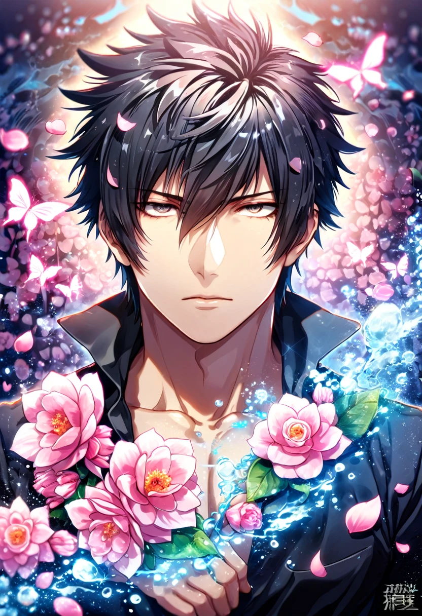 absurdres, highres, ultra detailed, HDR, master piece, best quality, Kougami Shinya, black hair, expressive gray eyes, psycho pass, solo, sexy man, handsome, black clothes, magical, fantasy, shining, pink flowers, pink blossoms, pink butterflies, pink petals, water