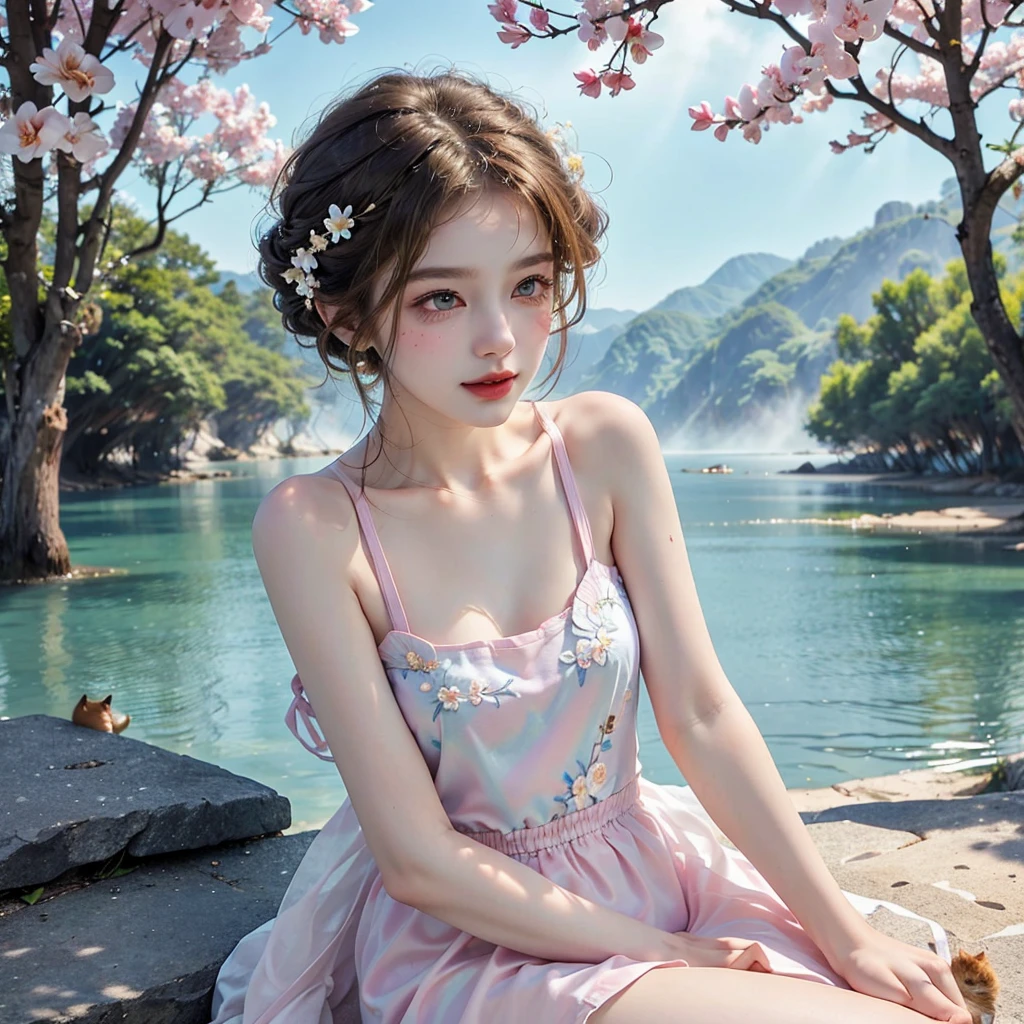 Masterpiece, Best quality, high resolution, realistic , hyperrealism , lifelike photography ,2024s, , alluring beautiful full body shot, (curly blondish brunette long hair, blue beautiful eyes), white skin with freckles,((( beautiful short cut naughty dress with flower embroidery and details ))), beautiful golden necklaces & bracelets, elegant bearing, beautiful landscape background of a rose & lilac & orchid garden, high budget , beautiful mesmerizing face and small nose, long and curly sparkling hair , holding a beautiful orange stray cat , clivage , sunset , pink clouds , yellowish red rays at the horizon, elegant posing, beautiful legs, fit body, gorgeous Russian woman standing and naughty posing at the lagoon shores, back shot, side shot , front shot, blue lagoon , full body shot at the frame , naughty smile , deep cut chest style dress,(( very short skirt)) ,windy summer breeze , reasonable naked body parts, reasonable nudity ,((((cute cats sitting around her)))), naughty girl , very cute smile