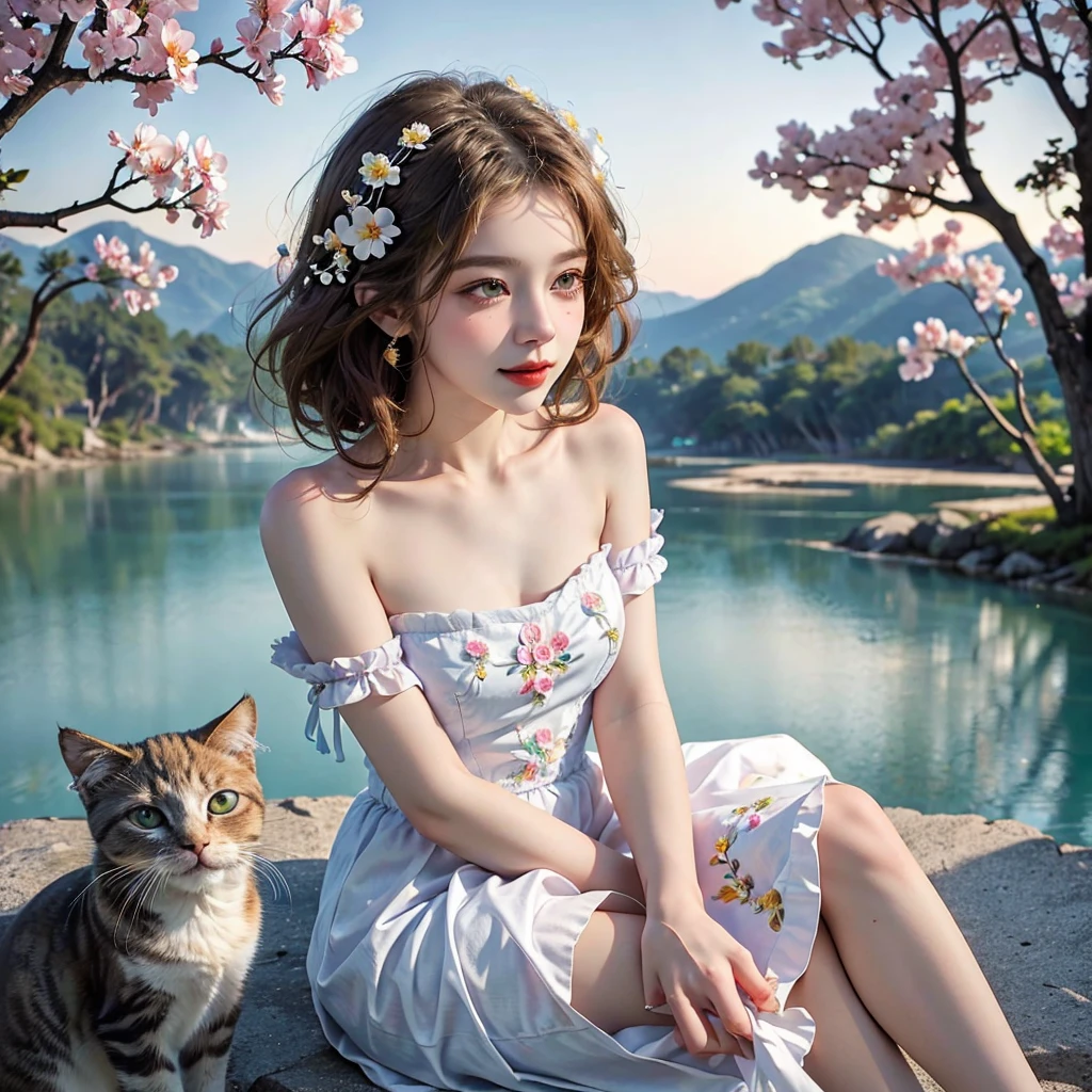 Masterpiece, Best quality, high resolution, realistic , hyperrealism , lifelike photography ,2024s, , alluring beautiful full body shot, (curly blondish brunette long hair, blue beautiful eyes), white skin with freckles,((( beautiful short cut naughty dress with flower embroidery and details ))), beautiful golden necklaces & bracelets, elegant bearing, beautiful landscape background of a rose & lilac & orchid garden, high budget , beautiful mesmerizing face and small nose, long and curly sparkling hair , holding a beautiful orange stray cat , clivage , sunset , pink clouds , yellowish red rays at the horizon, elegant posing, beautiful legs, fit body, gorgeous Russian woman standing and naughty posing at the lagoon shores, back shot, side shot , front shot, blue lagoon , full body shot at the frame , naughty smile , deep cut chest style dress,(( very short skirt)) ,windy summer breeze , reasonable naked body parts, reasonable nudity ,((((cute cats sitting around her)))), naughty girl , very cute smile