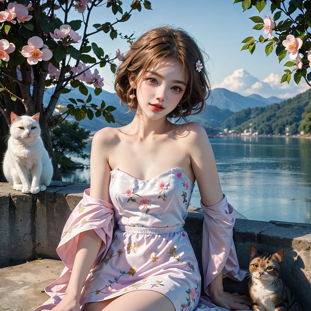 Masterpiece, Best quality, high resolution, realistic , hyperrealism , lifelike photography ,2024s, , alluring beautiful full body shot, (curly blondish brunette long hair, blue beautiful eyes), white skin with freckles,((( beautiful short cut naughty dress with flower embroidery and details ))), beautiful golden necklaces & bracelets, elegant bearing, beautiful landscape background of a rose & lilac & orchid garden, high budget , beautiful mesmerizing face and small nose, long and curly sparkling hair , holding a beautiful orange stray cat , clivage , sunset , pink clouds , yellowish red rays at the horizon, elegant posing, beautiful legs, fit body, gorgeous Russian woman standing and naughty posing at the lagoon shores, back shot, side shot , front shot, blue lagoon , full body shot at the frame , naughty smile , deep cut chest style dress,(( very short skirt)) ,windy summer breeze , reasonable naked body parts, reasonable nudity ,((((cute cats sitting around her)))), naughty girl , very cute smile