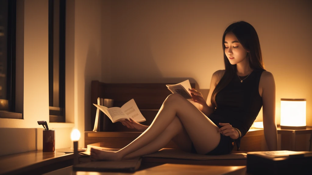 night, a girl sitting at a table, reading a book, listening to music