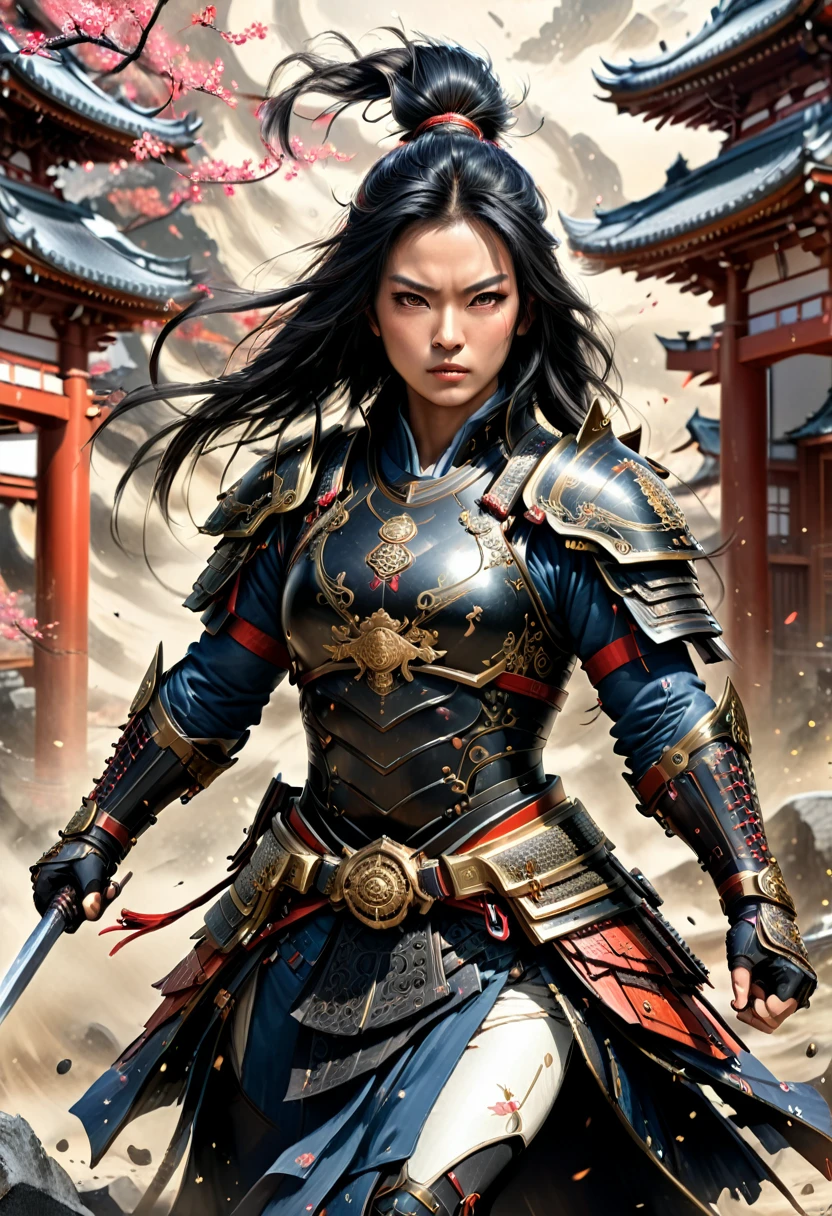 a picture of Japanese female samurai, she has long black hair, wearing niji armor, armed with a katana, ready for battle, dynamic angle, full budy, Japanese fantasy art, Japanese temple background, (Masterpiece: 1.5), 16k, highres, best quality, high details, ultra detailed, masterpiece, best quality, (extremely detailed), arafed, dnd art, 