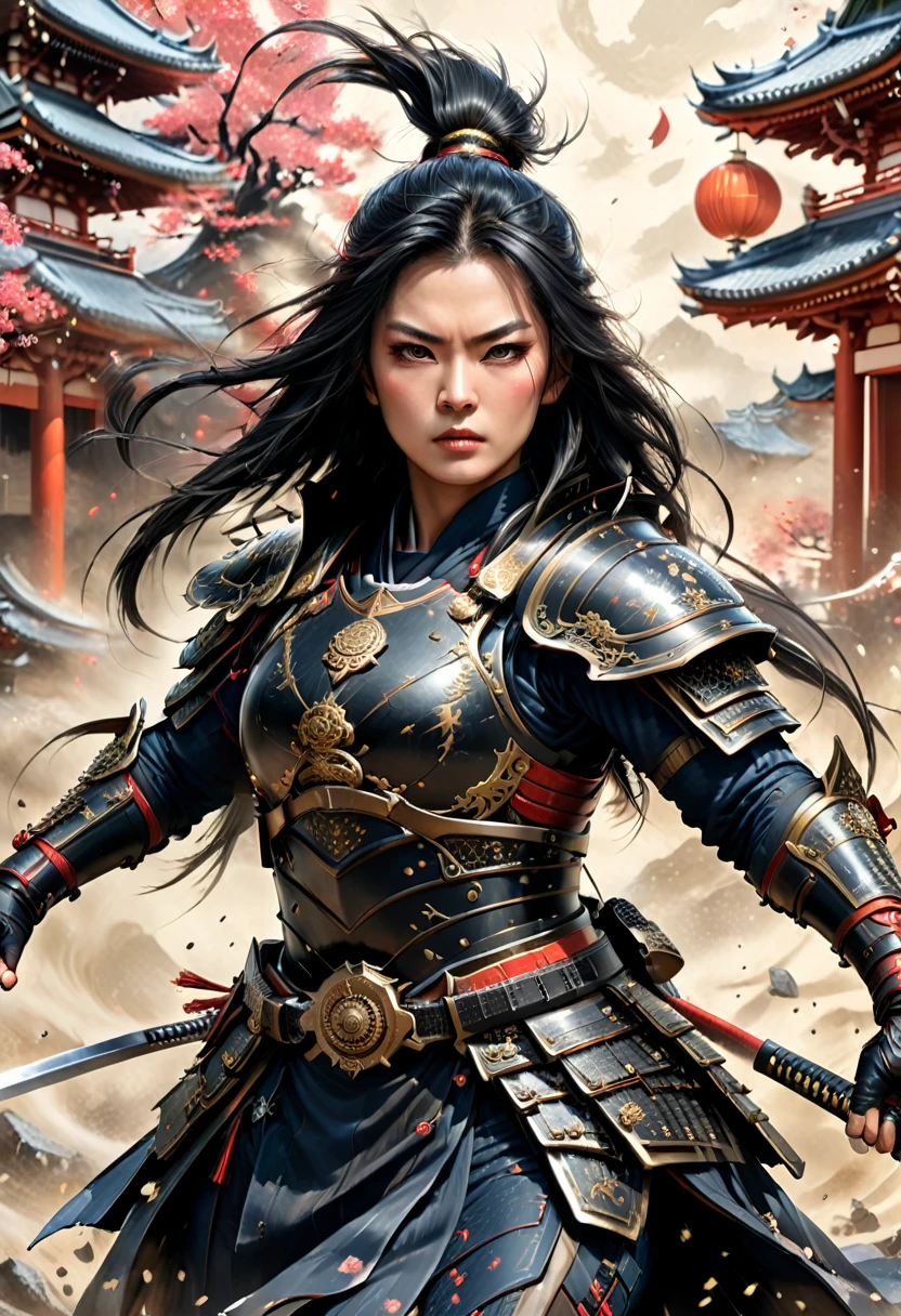 a picture of Japanese female samurai, she has long black hair, wearing niji armor, armed with a katana, ready for battle, dynamic angle, full budy, Japanese fantasy art, Japanese temple background, (Masterpiece: 1.5), 16k, highres, best quality, high details, ultra detailed, masterpiece, best quality, (extremely detailed), arafed, dnd art, 