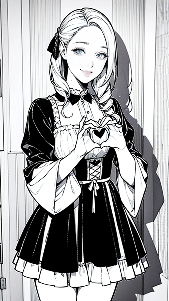 (masterpiece:1.2, Highest quality),(Line art),(Monochrome),(Very detailed),8K,wallpaper,1 female,Cute face,smile,((casual dress)),((betterhand)),Random hairstyle,Random pose,Beautiful female hands,((lineart, monochrome)),BREAK(((casual))),(((heart hands))),((a girl in gothic costume standing))