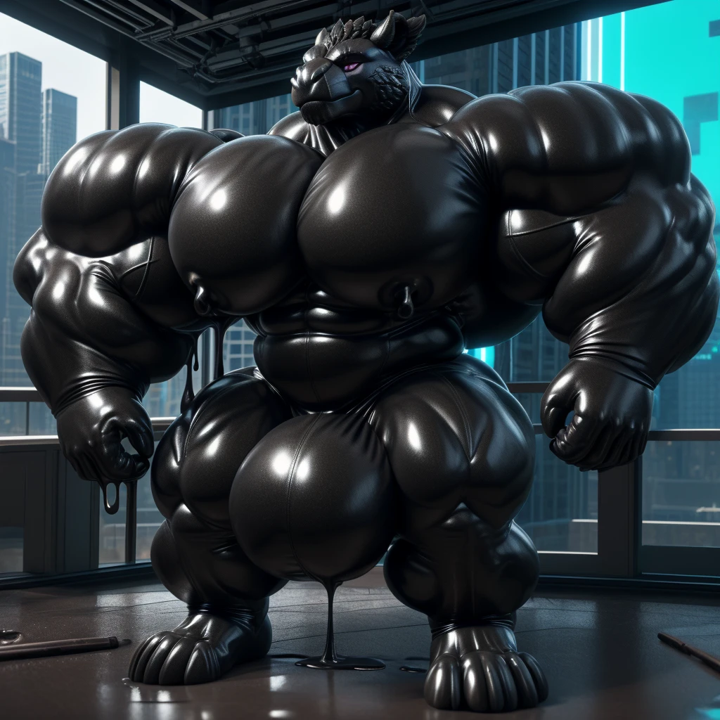 solo, male, , , ,  (hyper pecs:1.2), （long thick thighs:1.5）, standing, indoor,，(，,(,solo,very hyper muscles:1.3)((, Huge bulge：1.3))）（corruption)), black glowing liquid，（((liquid_latex, , rubber:1.2)，,black latex，goo transformation，(gooey)()(l），unreal engine,perfect light，detailed, photorealistic, 4k, hd, , , , good anatomy, , (), ,, high quality, best quality, concept art, photorealistic,Griffin，City，High-rise，