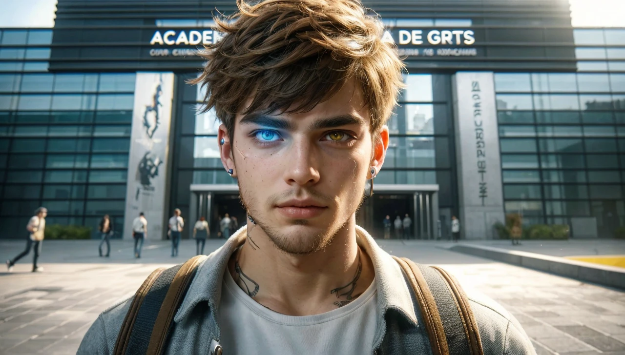 A rebellious teenager named GUS with a unique and striking appearance. He has light brown messy hair with some strands falling over his forehead, and two different colored eyes, one vibrant yellow and the other electric blue, both with an intense and hypnotic glow. He has a slight smirk on his face, full of sarcasm and confidence, with a scruffy beard giving a deliberately unkempt look. His eyebrows are thick, well-defined, and slightly arched, accentuating his ironic expression. His skin is fair with some light freckles around his nose and cheeks. He has a defined chin and slightly prominent cheekbones. He wears a casual and laid-back dark blue hoodie with yellow details, not wearing the hood up, and big visible headphones on his head. His overall style is cyberpunk with subtle technological elements like lines and circuits on his face, giving a futuristic touch. The background is urban, with neon lights and a gritty cityscape. GUS has a playful and mischievous expression, ready to make a sarcastic comment.