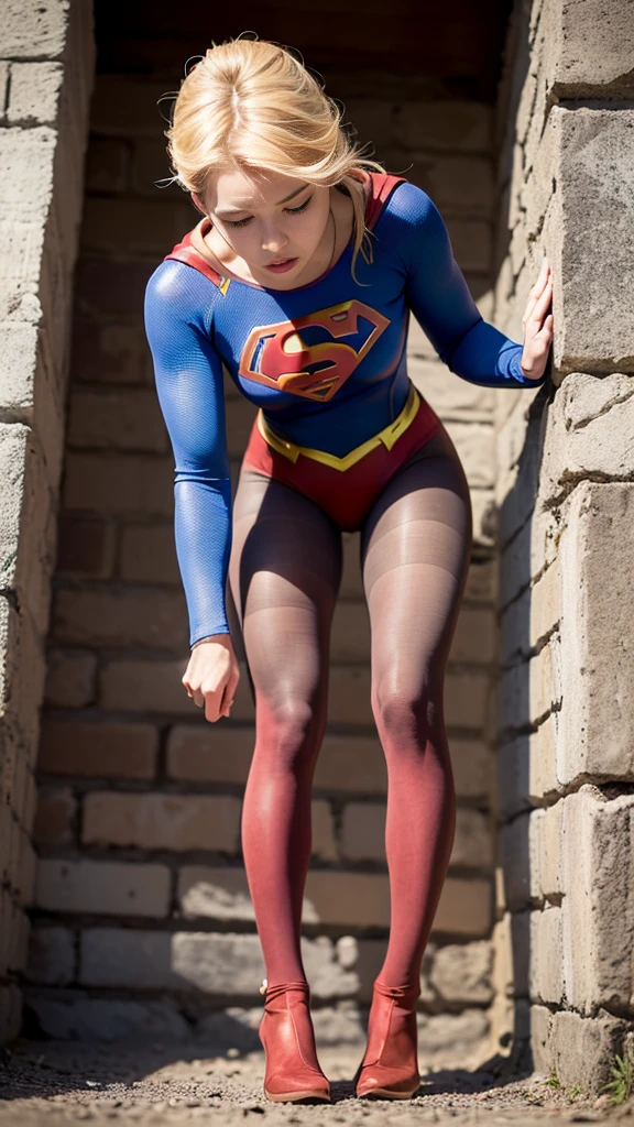(((Down view))), (((ELA TEM CABELOS LOIROS))), ((SUPERGIRL is in a stone cell, Emotional expression,expression of pain e desespero, gritando de dor, Expression of suffering, olhos arregalados)) , ((SUPERHEROINE SUPERGIRL is weakly standing, pernas abertas)), (Supergirl usando uma grande calcinha vermelha). ((SUPERGIRL tem cabelo muito loiro, ela tem cabelo longo)), ((SUPERGIRL wearing fishinet pantyhose)), ( She's wearing torture high heels), ((SUPERGIRL wearing a thick metal necklace around her neck )), (Your clothes are immoral, your clothes are indecent, your clothes are tight), ((Shibari, arms behind the back:1.4)), ((hands on back)), ((string constraint)), ((Inescapable restraint with ropes)), (obra-prima, melhor qualidade) 1.5, 1 garota, sozinho, (sexy, mulher bonita, rosto perfeito, olhos perfeitos) corpo inteiro, ((High definition face)), ((SUPERGIRL com olhos arregalados, boca aberta, expression of fear, expression of pain, despair expression, chorando muito, gritando de dor), (((full body view)))