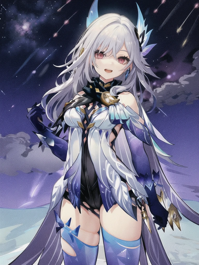 1girl, skirk \(genshin impact\), elbow gloves, earrings, cape, blue thighhighs, black scarf, butterfly hair ornament, armored leotard, looking at viewer, starry sky, shooting star, smile, open mouth, hands in hair, cowboy shot, standing, masterpiece