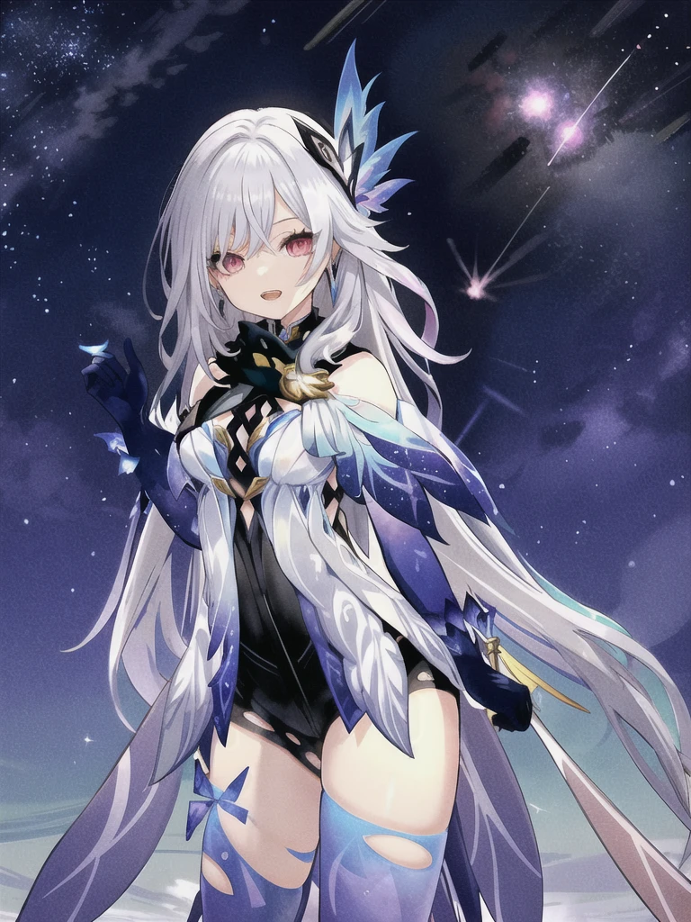 1girl, skirk \(genshin impact\), elbow gloves, earrings, cape, blue thighhighs, black scarf, butterfly hair ornament, armored leotard, looking at viewer, starry sky, shooting star, smile, open mouth, hands in hair, cowboy shot, standing, masterpiece