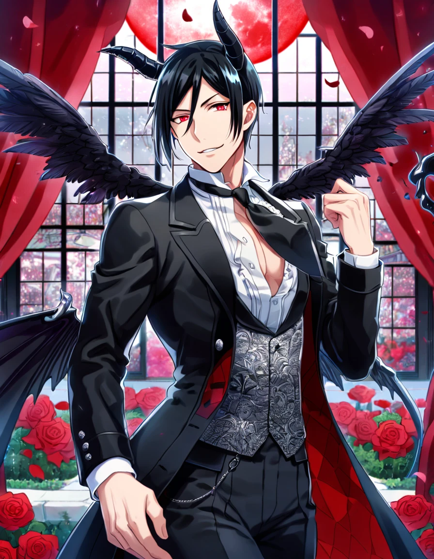 Ultra detailed, Highres, absurdres, HDR, Sebastian Michaelis, black hair, expressive red eyes, black coat with patterns, Kuroshitsuji, white shirt, fantasy, red curtains, petals, handsome, sexy man, solo, very detailed eyes and face, master piece, black pants, garden, window, red moon, Black Butler, black demon horns, black demon wings, magical, red roses, black feathers, smirking, toned chest,