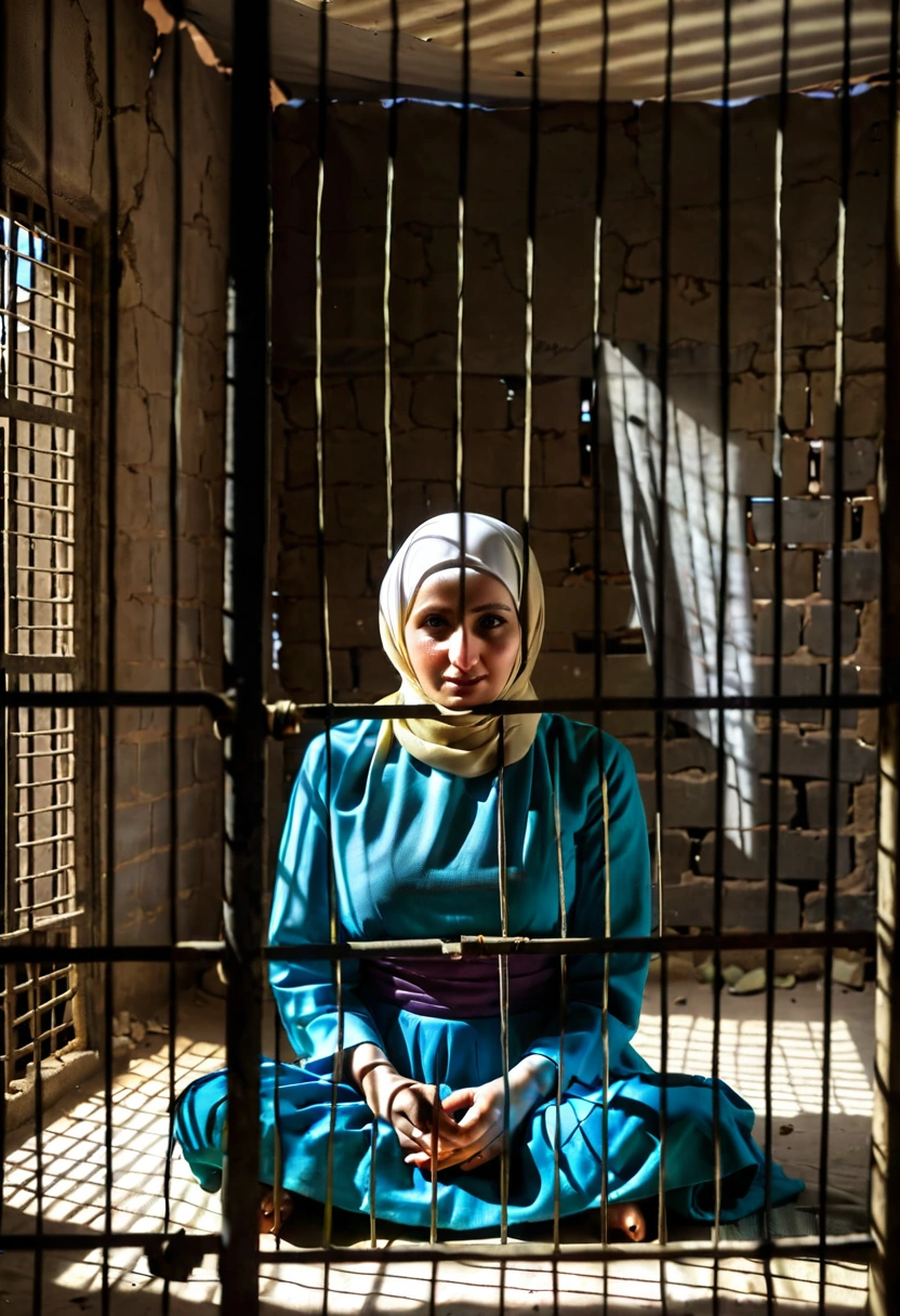 Pale skin Kurdish woman in straight hijab sitting behind shutter prisoned prison cage abandoned room dark room portrait